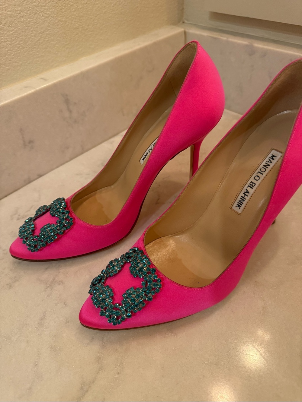Manolo Blahnik Pink Satin Hangisi Blue Crystal-Embellished Pump - Picture 2 of 10